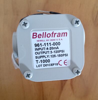 Marsh Bellofram Precision Controls 961-111-000 Transducer, Electro-Pneumatic, Type I/P, 4-20mA, 3-120 Psi, Extended Range