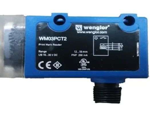 Wenglor - WM03PCT2 프린트 마크 센서, 12-18MM 범위, PNP NO NC, M12 커넥터, 화이트 라이트, 1.5x2.5 SPOT, 10-30VDC
